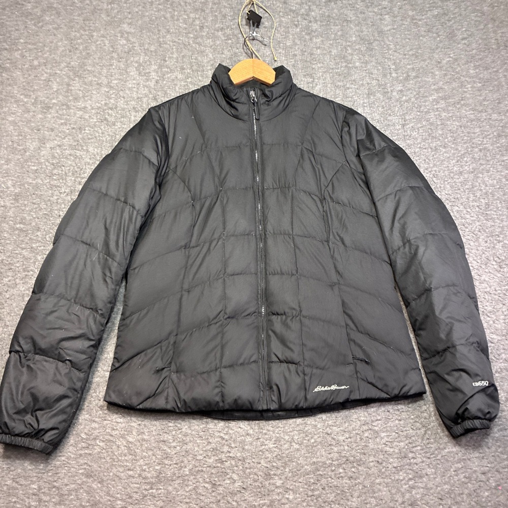 Eddie Bauer Puffer Jacket Women Medium Black EB650 Down Insulated‎ Full Zip